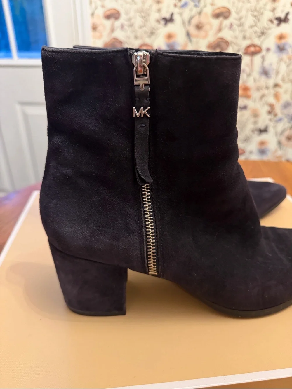 MICHAEL Michael Kors Navy Suede Pointed Ankle Booties with Side Zip